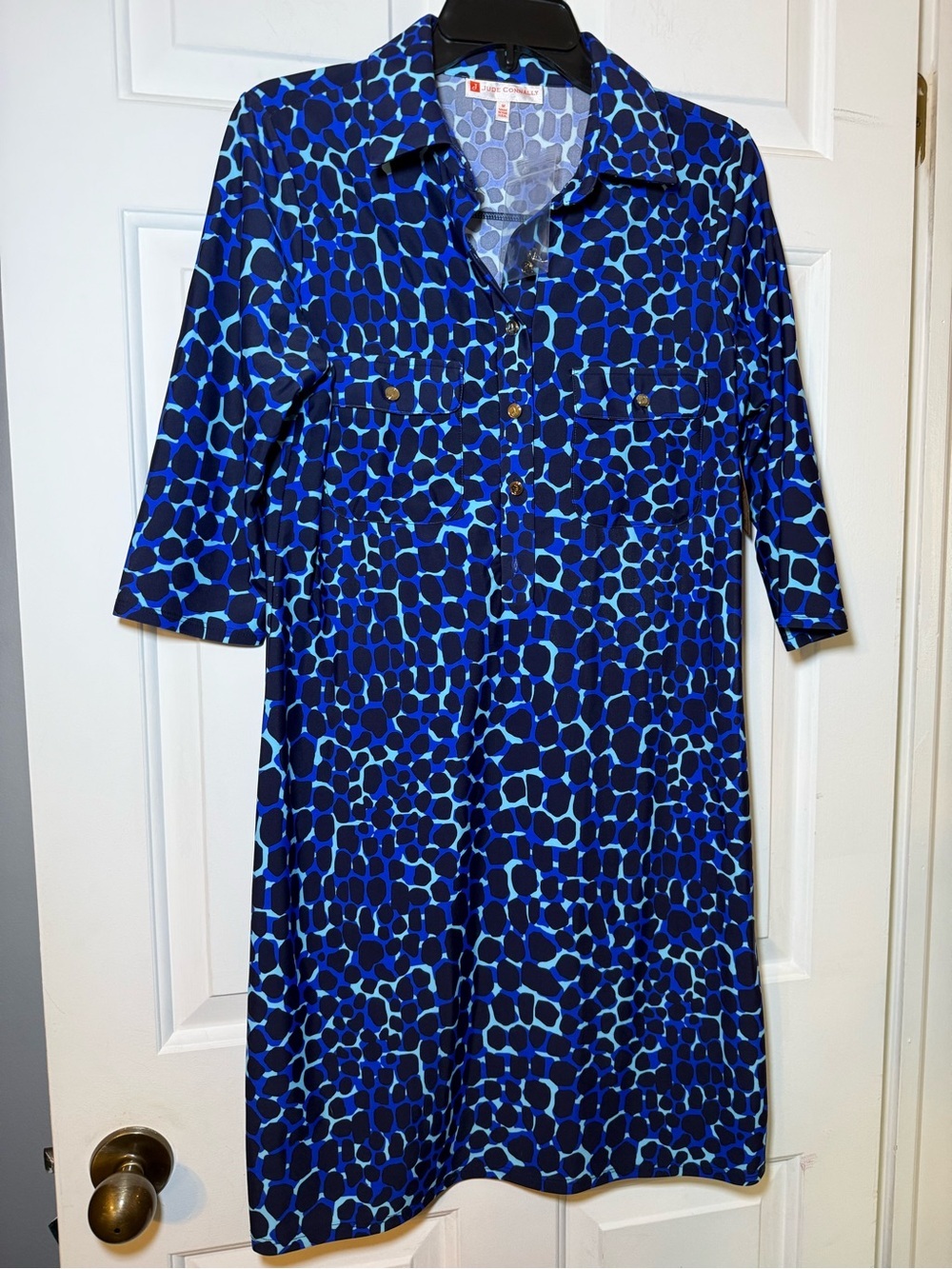 Jude Connally Blue Giraffe Print Dress MEDIUM NWT Collar Buttons Preppy Classic